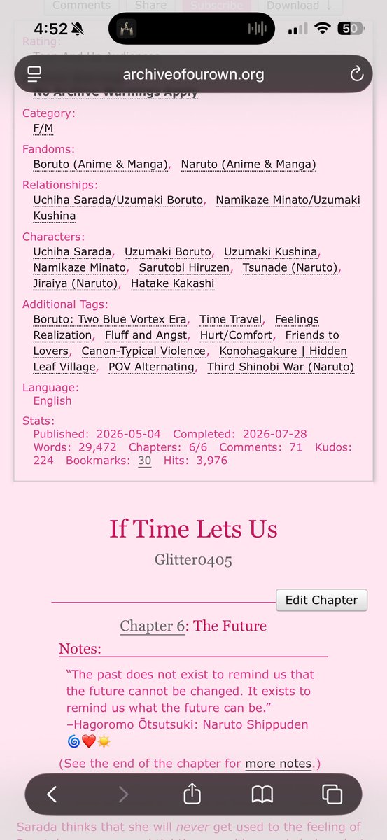 Glitter0405's tweet photo. The final chapter is now posted of If Time Lets Us! I hope you enjoy, and thanks for coming along with me on this time traveling journey! 😭❤️ https://t.co/yeCJgKE6Mh
#borusarafanfic https://t.co/uos25YNzcg