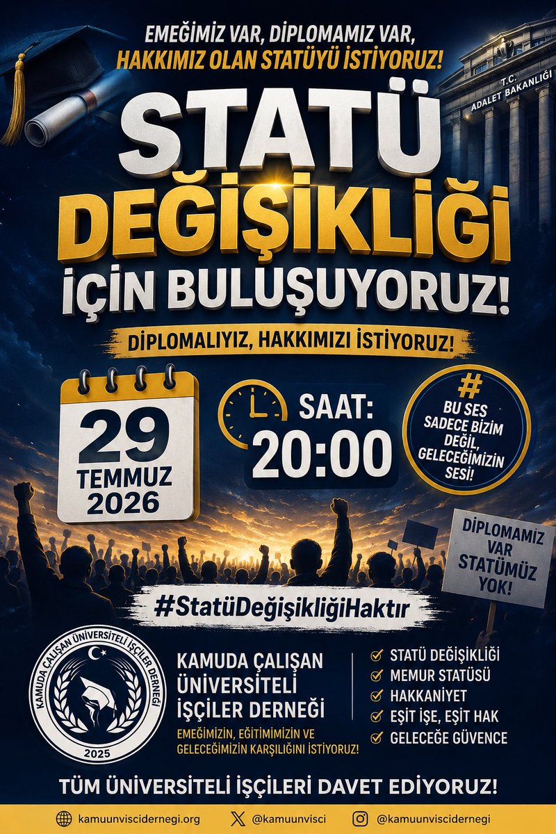 yemretulum's tweet photo. 📢 DUYURU

Değerli Kamuda Çalışan Üniversiteli İşçiler,

Yarın saat 20.00’de X (Twitter) platformunda Türkiye gündemine girmek için hep birlikte güçlü bir farkındalık çalışması gerçekleştireceğiz.

Sesimizi daha güçlü duyurmak, statü değişikliği talebimizi kamuoyuna ve yetkililere ulaştırmak için tüm üniversite mezunu kamu işçisi arkadaşlarımızı bu önemli çalışmaya davet ediyoruz.

📅 Tarih: 29 Temmuz 2026
🕗 Saat: 20.00
📍 Platform: X (Twitter)

Unutmayalım; birlik olduğumuzda sesimiz daha gür çıkar. Her paylaşım, her destek ve her etkileşim mücadelemize güç katacaktır.

Tüm kamuda çalışan üniversiteli işçi arkadaşlarımızı saat 20.00’de X’te buluşmaya davet ediyoruz.

#StatüDeğişikliği #Üniversiteliİşçiler