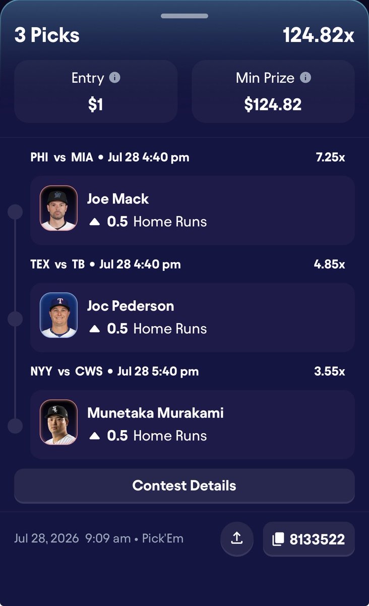 jdawg_2001's tweet photo. 🚨 124.82x HR Lotto is LIVE 🚨
Joe Mack 💣
Joc Pederson 💣
Munetaka Murakami 💣

Tail it or fade it… we’ll see who’s celebrating tonight. 👀🔥
Drop your favorite HR pick below! ⬇️
#MLB #HomeRun #PrizePicks #Baseball #JuicePicks https://t.co/h0OUeFWF1I