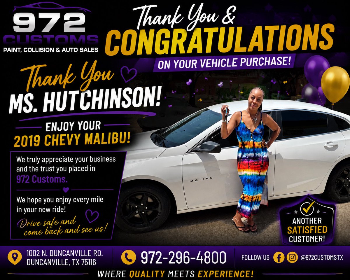 972Customs's tweet photo. 🎉 Congrats, Ms. Hutchinson!

Thank you for choosing 972 Customs and enjoy your 2019 Chevy Malibu! We appreciate your business.

📞 972-296-4800

#972Customs #ChevyMalibu #CustomerAppreciation https://t.co/JjcgIcTWFy