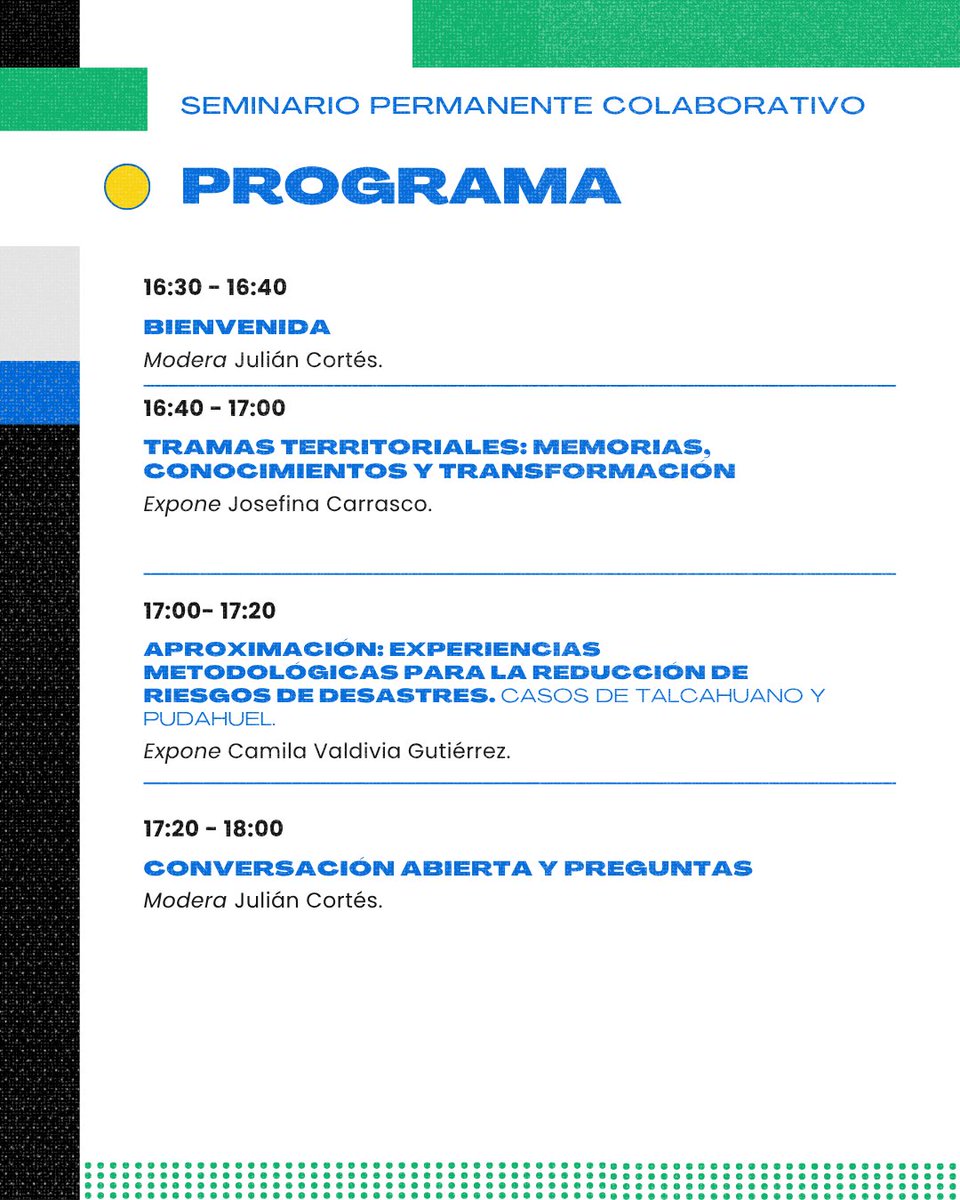 PRSismico's tweet photo. Pequeño cambio en el programa ☝️, pero la actividad de mañana sigue en pie 😌

Nos acompañará en el panel Camila Valdivia, de la Dirección de GRD del Municipio de Pudahuel.

Inscripciones hasta hoy en 👉 https://t.co/Xtkn18dqfW https://t.co/30xdm5kg6y
