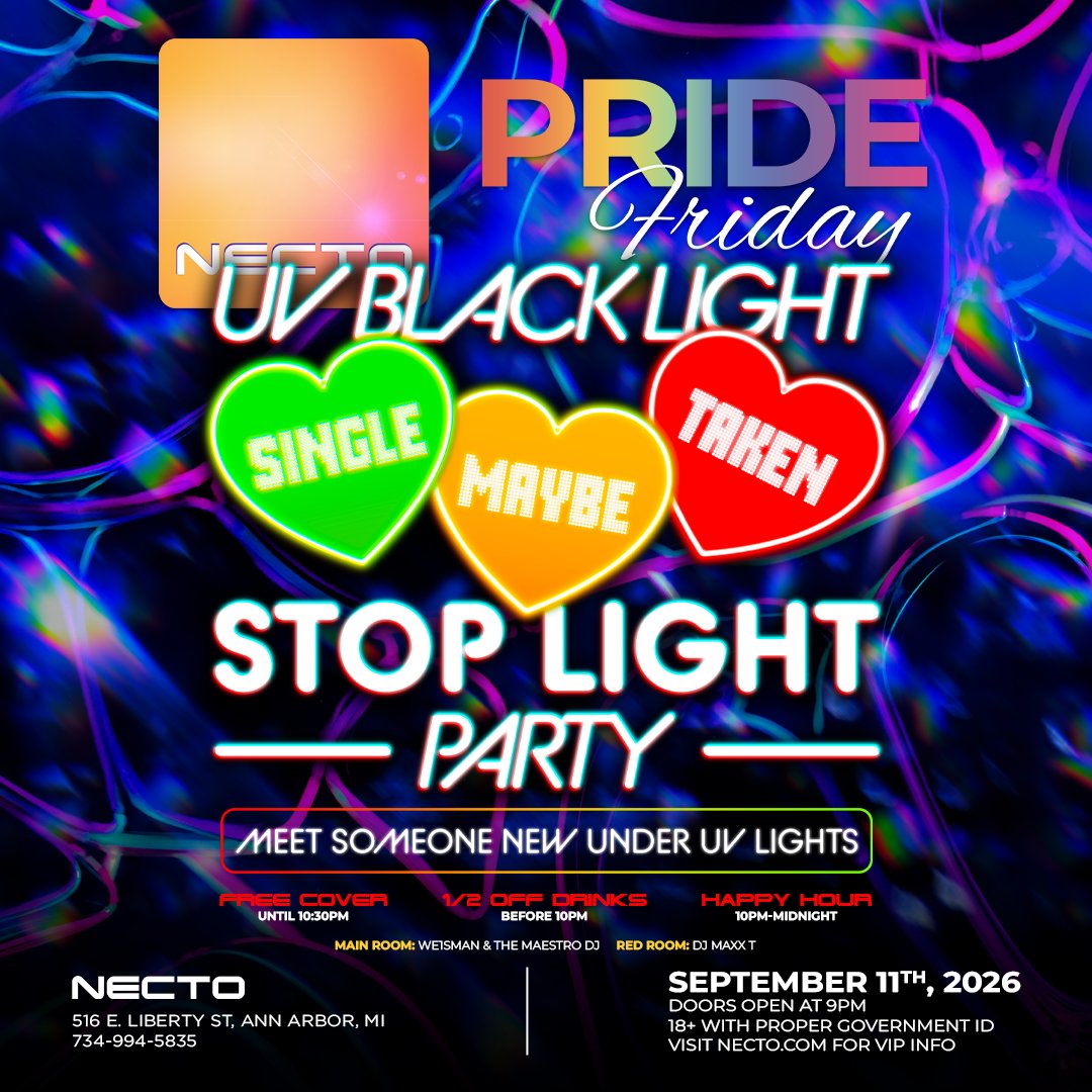 NectoPride's tweet photo. Necto Pride is throwing a stop light party under black lights this September! ✨ 

If you’re not familiar with how a stop light party works:
Red = TAKEN ❤️ 
Yellow = MAYBE 💛 
Green = SINGLE 💚 https://t.co/7l507P3BVU