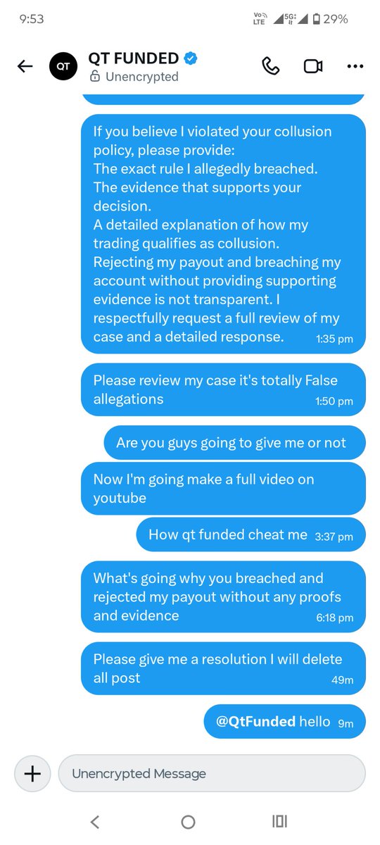Thefundedvicky's tweet photo. QT Funded rejected my payout and marked my account as breached for alleged "collusion" without providing any proof or evidence.

I repeatedly asked for the evidence behind this decision, but received no response. No explanation, no transparency, no accountability.

If you're going to accuse a trader of breaking the rules, at least provide the proof. Traders deserve fair treatment and due process.

#QTFunded #PropFirm #Forex #FundedTrader #Trading #Payout #Transparency #ForexTrading  @QtFunded @Finn_QTFunded