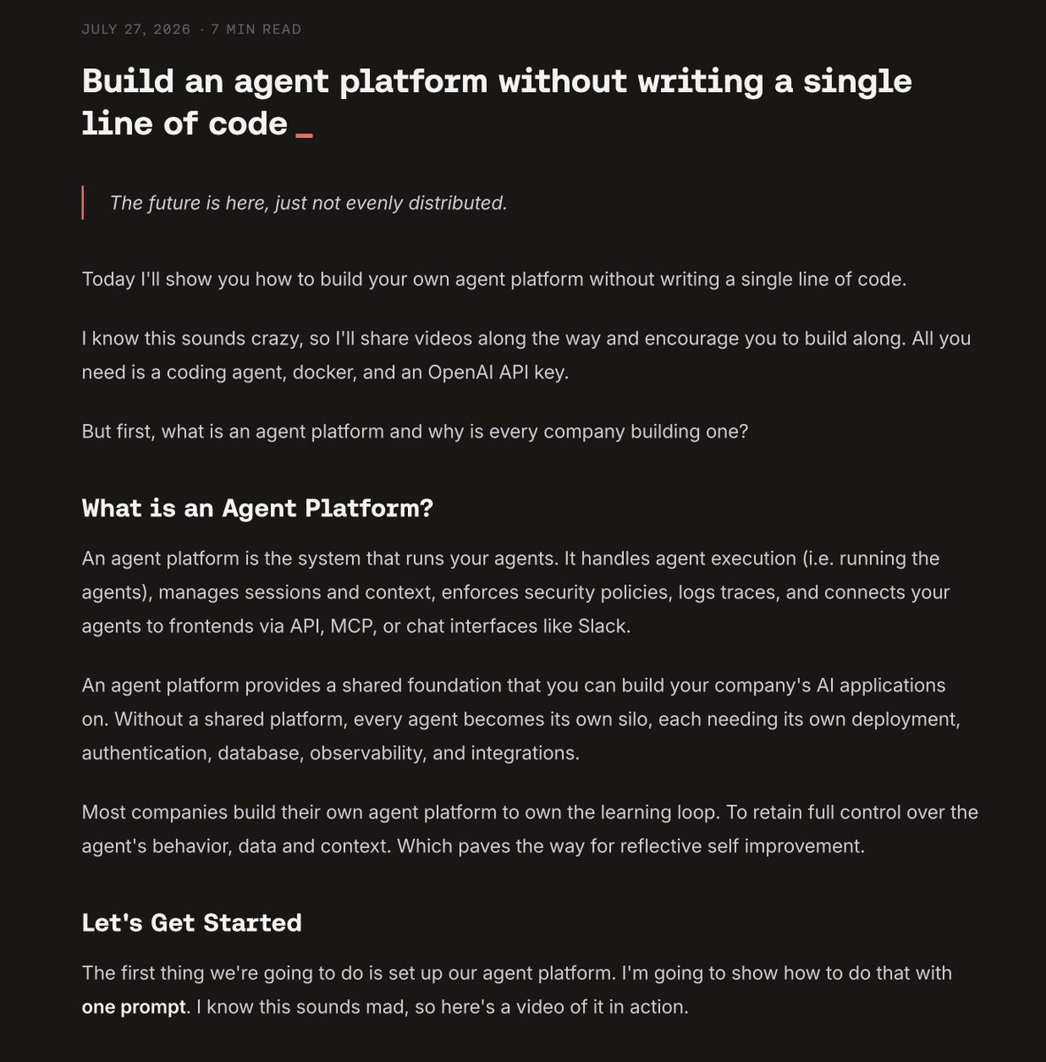ashpreetbedi's tweet photo. 🚨 New post: How to build an agent platform without writing a single line of code.

Companies are building their own agent platforms to own the learning loop. To retain full control over the agent's behavior, data and context. Which paves the way for reflective self improvement.

Learn how you can build your own agent platform with one prompt: https://t.co/qQZvMzuxDi