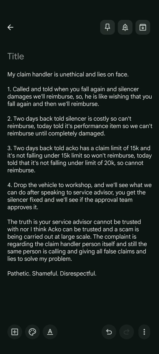 notSoCommonMan1's tweet photo. @ACKOSupport @ACKOIndia @ACKOSupport 

My claim handler is unethical and lies on face. No resolution only false promise.

The truth is your service advisor cannot be trusted with nor I think Acko can be trusted. Scam being run at large scale by Acko.

#Pathetic #Shameful #Disrespectful #scam https://t.co/rMCB5J105i