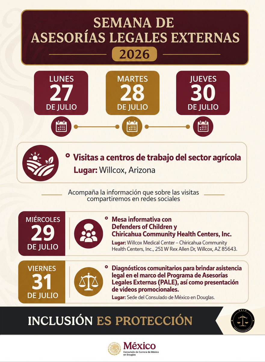 ConsulMexDou's tweet photo. ⚖️ ¡Acércate a tu Consulado!
Durante esta semana, el #ConsulmexDouglas llevará a cabo diversas actividades en el marco de la Novena Semana de Asesorías Legales Externas. 
¿Tienes alguna duda o necesitas orientación legal? Estamos para apoyarte.
📞 línea permanente: 520-226-1356. https://t.co/lBXJYrO3up