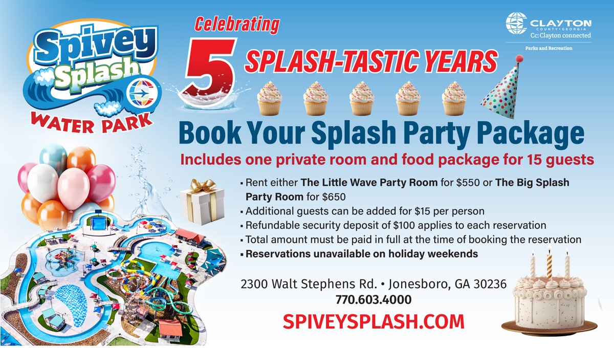 ClaytonCountyGA's tweet photo. Celebrate birthdays, team events, family gatherings, and special occasions with a private party room, splash-tastic attractions, and nonstop fun for guests of all ages. Our Splash Party Package makes party planning easy. For more details, contact 770.693.4000. #ClaytonConnected https://t.co/bQdhZeobCL