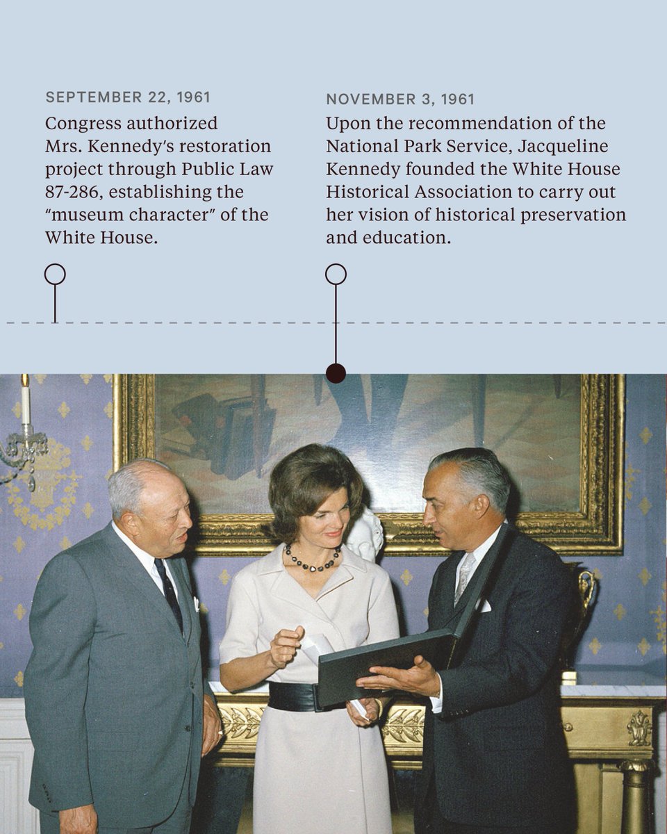 WhiteHouseHstry's tweet photo. Happy birthday to our founder, First Lady Jacqueline Kennedy, who was born #OTD 97 years ago.

During her tenure as first lady, Mrs. Kennedy founded our Association to preserve #WhiteHousehistory and share that history with the American public. 

Dedicated to restoring the State Floor rooms, she used antique furnishings, artifacts, and art pieces in the residence.

Jacqueline Kennedy’s impactful projects at the White House cannot be overstated.  It is thanks to her keen eye for history and passion for preservation that the president’s home is a public museum for visitors from across the country and around the world.

📸: 
Abbie Rowe, John F. Kennedy Presidential Library and Museum/NARA
Robert L. Knudsen, John F. Kennedy Presidential Library and Museum/NARA
United States Information Agency, NARA