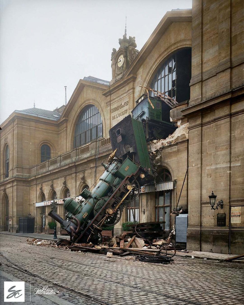 fasc1nate's tweet photo. The iconic photograph of the train wreck at Montparnasse Station in Paris, France, on 22 October 1895. 

The train overran a buffer stop and smashed through a window because the driver approached the station too fast. 

Surprisingly, there was only 1 death as a result of this disaster; a woman outside the station was killed by falling masonry. 

Color: spektonzcolorizations

More rare historical photos:  https://t.co/dQjceOPkrz