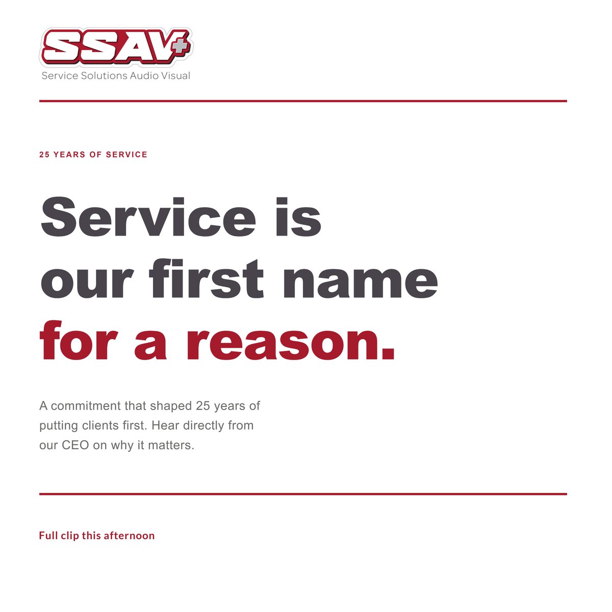 SSAudioVisual's tweet photo. "Service is our first name for a reason. Hear directly from Cristian, our CEO, on 25 years of putting clients first. 👇 [video coming this afternoon]" https://t.co/xXlwed9kBM