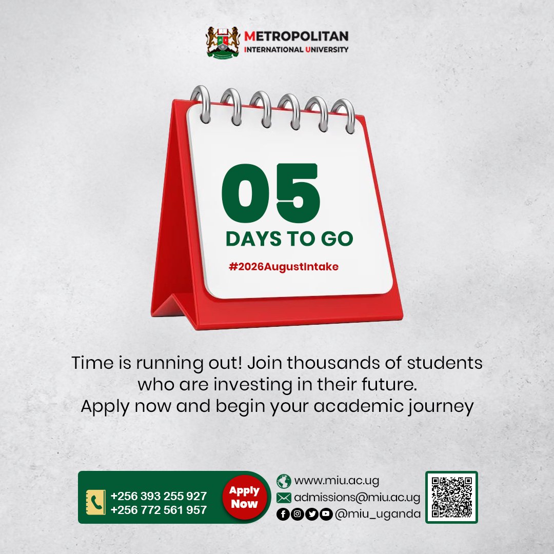 MIU_Uganda's tweet photo. The Future Won't WaitβNeither Should You!
Our August 2026 Intake is almost here. Take the next step towards your dreams by submitting your application today.#2026Augustintake #joinMIU https://t.co/085HfbbmBP