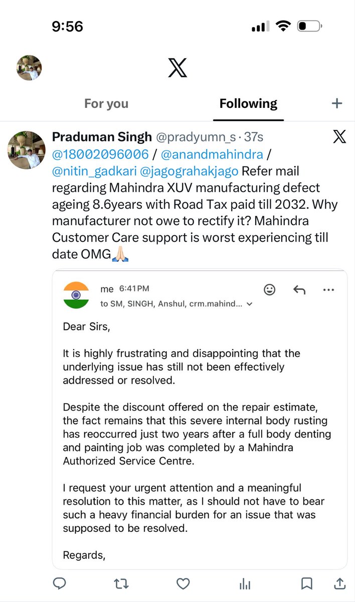 pradyumn_s's tweet photo. @18002096006 @shubhdew1995 Mahindra customer care team trained to disguise on issue and just message and not address the issue for sure…they are doing in my case too. https://t.co/UiYwGbCLyD