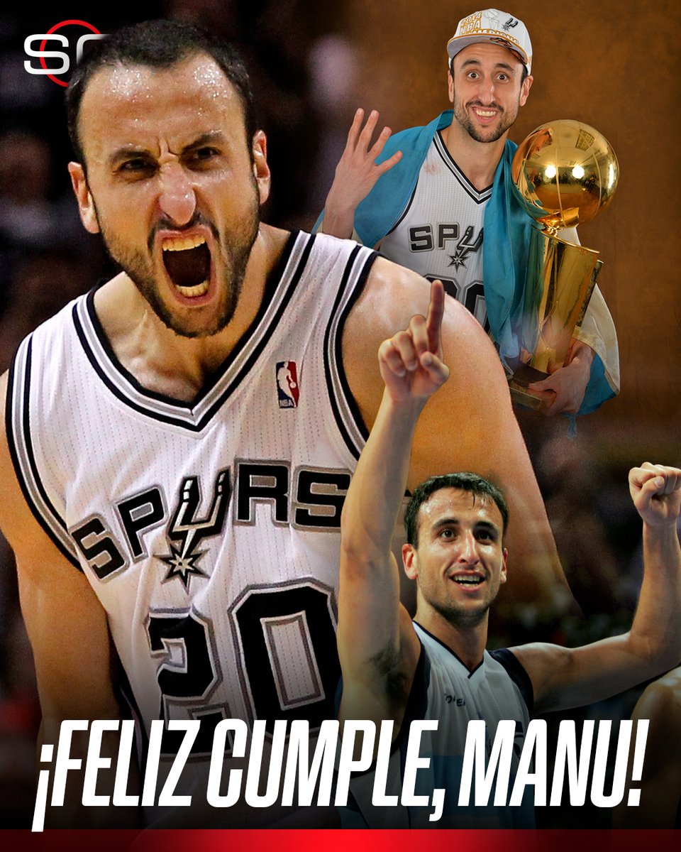 SC_ESPN's tweet photo. El argentino miembro del Salón de la Fama de la NBA está de cumpleaños: Manu Ginóbili, uno de los deportistas sudamericanos más importantes de la historia, celebra hoy 49 años. 🥳🎂

🥇 Oro en Atenas
🥉 Bronce en Beijing
💍 4 anillos #NBA
🔝 2 veces All-Star
🎩 2 veces All-NBA https://t.co/oCxSAnZmZT