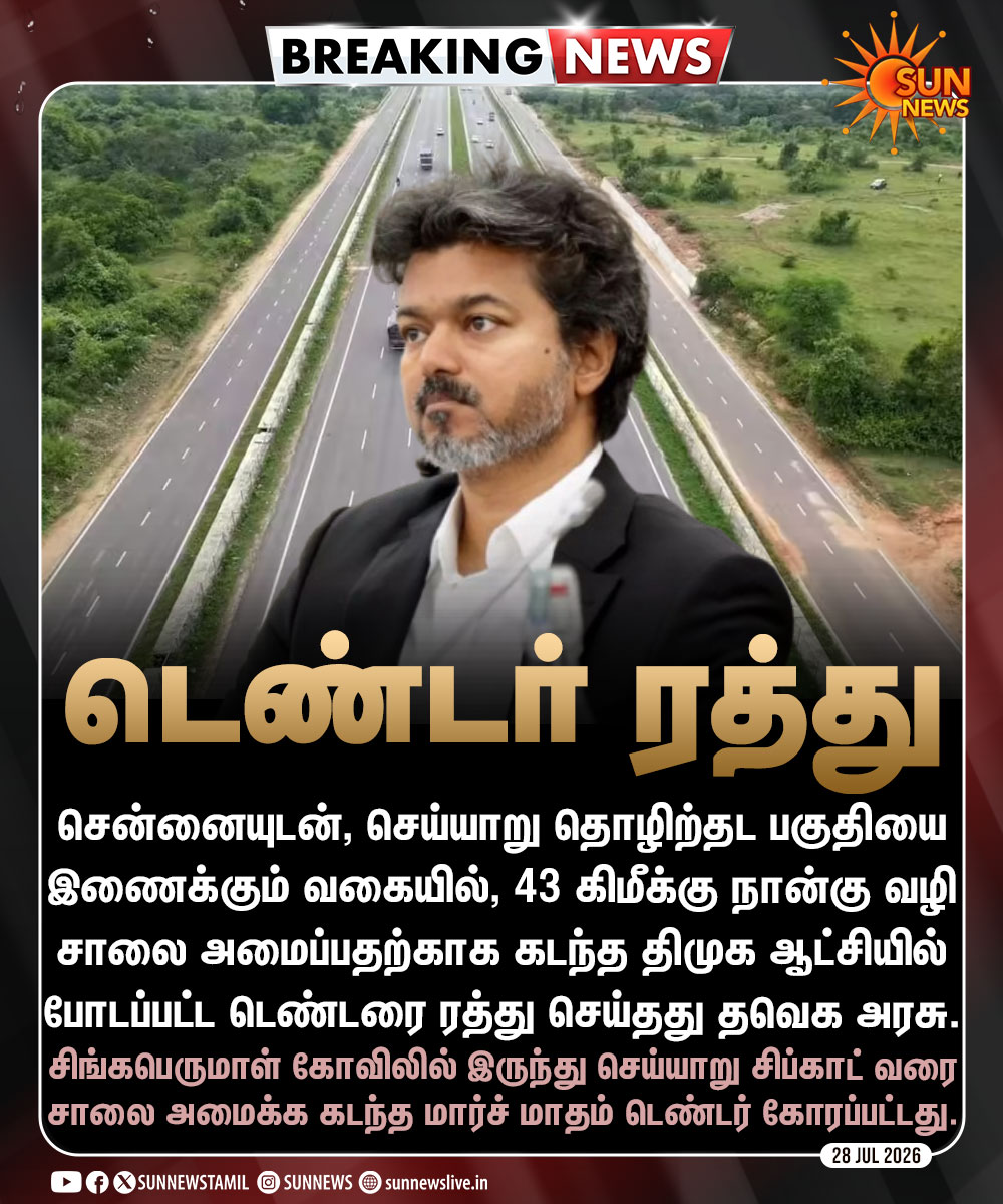 sunnewstamil's tweet photo. #BREAKING | சென்னையுடன், செய்யாறு சிப்காட் பகுதியை இணைக்க, 43 கிமீக்கு நான்கு வழி சாலை அமைப்பதற்காக போடப்பட்ட டெண்டரை ரத்து செய்தது தவெக அரசு

#SunNews | #TVKVIjay | #Tender https://t.co/5cWjVW6yZc