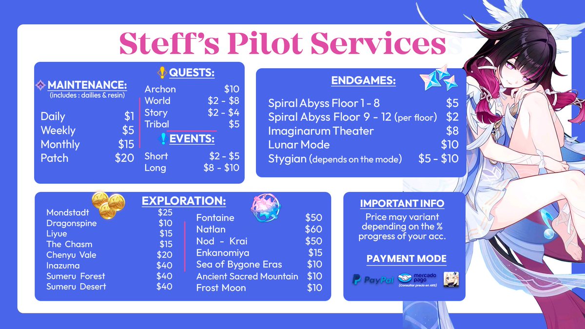 yxTukiix's tweet photo. Hello! This is steff , your Genshin Pilot. 
Dm me if you need help with explorations, pull farming, character ascension, and etc.
𝗖𝗵𝗲𝗰𝗸 𝗺𝘆 𝗽𝗿𝗶𝗰𝗲 𝗹𝗶𝘀𝘁 𝗯𝗲𝗹𝗼𝘄
 #genshinpilot #genshintwt #promotwt https://t.co/XQSHBxcn93