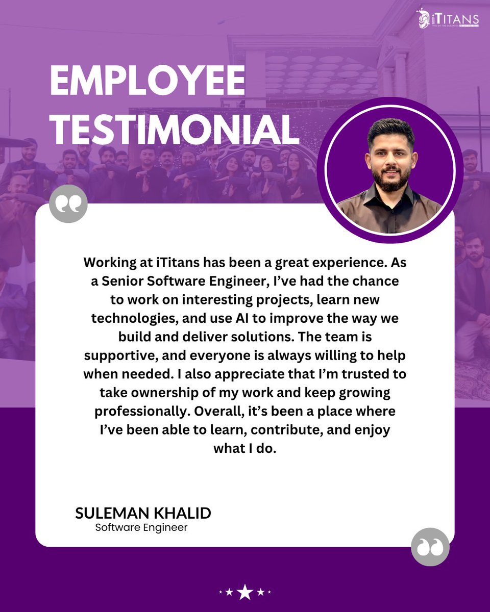 ITitans123's tweet photo. Our people grow when they are trusted, supported, and given opportunities to make a meaningful impact.
This testimonial reflects the learning, teamwork, and professional growth that define life at iTitans.

#EmployeeStories #iTitans #LifeAtiTitans #OurPeople #CareerJourney https://t.co/SkGMySeqf4