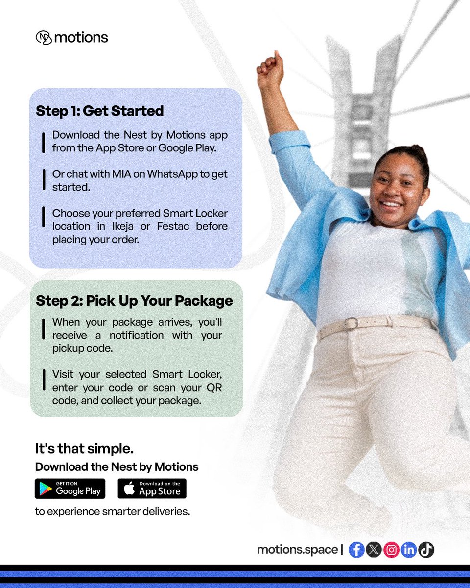 motions_space's tweet photo. Still planning your day around a delivery?

There's a smarter way.

Use a Motionsspace Smart Locker in Ikeja or Festac, collect your package when it works for you, and get on with your day.

Download the Nest by Motions app

https://t.co/yNRjHlYoRD 

https://t.co/PruKCGgtJJ https://t.co/hkgAZocX9D