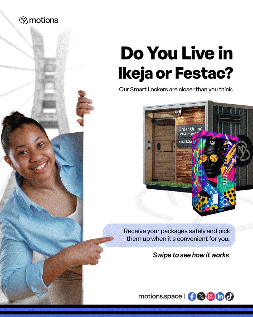 motions_space's tweet photo. Still planning your day around a delivery?

There's a smarter way.

Use a Motionsspace Smart Locker in Ikeja or Festac, collect your package when it works for you, and get on with your day.

Download the Nest by Motions app

https://t.co/yNRjHlYoRD 

https://t.co/PruKCGgtJJ https://t.co/hkgAZocX9D