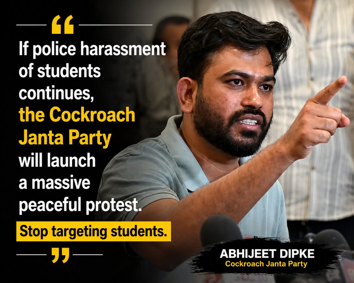 bindass_ladki's tweet photo. 🚨BREAKING 

  Abhijit Dipke warns BJP

If police harassment of students continue 

We will launch a massive protest.

Protest is over but  the students are still being taken care of by the Cockroach Party https://t.co/uQWHXJVu8z
