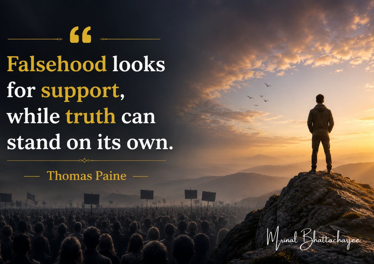 mrinalb2021's tweet photo. “Falsehood gathers followers; truth gathers strength.”

#Truth #Strength #Wisdom #InspirationalQuotes #DeepThoughts #TruthPrevails https://t.co/juM8E4cvCQ