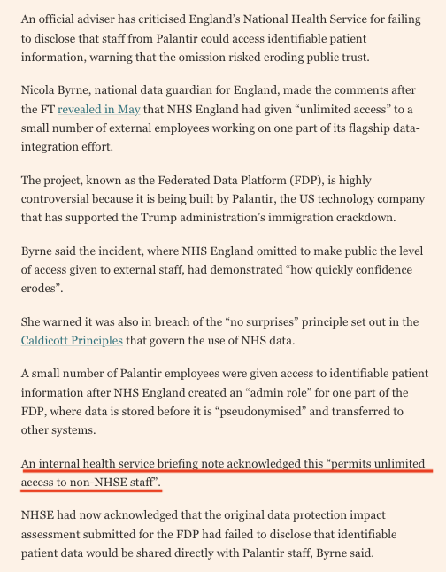 alexander_minh's tweet photo. Seems to be a never ending mess

NHSE reprimanded by National Data Guardian for failing to disclose that Palantir staff could access identifiable patient information

Whole process seems to have been characterised by rather favourable treatment

https://t.co/75N9s4ygFm https://t.co/yqJ2TLsHQG