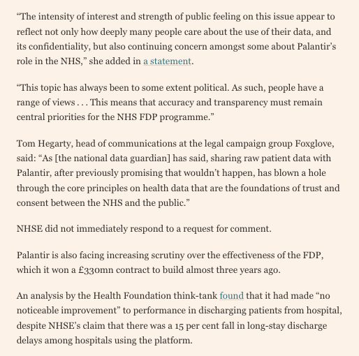 alexander_minh's tweet photo. Seems to be a never ending mess

NHSE reprimanded by National Data Guardian for failing to disclose that Palantir staff could access identifiable patient information

Whole process seems to have been characterised by rather favourable treatment

https://t.co/75N9s4ygFm https://t.co/yqJ2TLsHQG