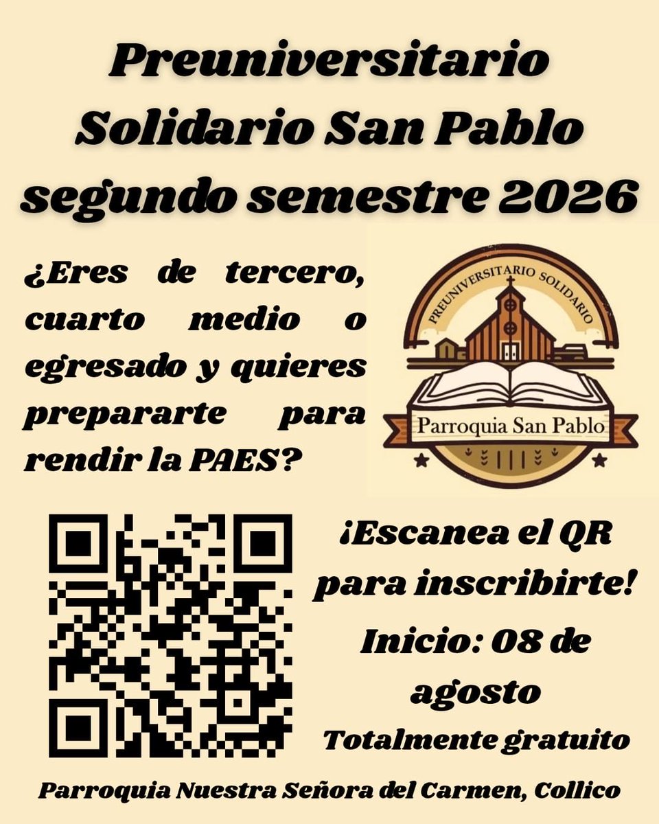 Obispadovald's tweet photo. ⛪️📚 Preuniversitario Solidario San Pablo abre sus inscripciones para el segundo semestre 2026 en Valdivia

Más información: https://t.co/IuyfLywVsw #ValdiviaCL https://t.co/hez8fi5z5Y