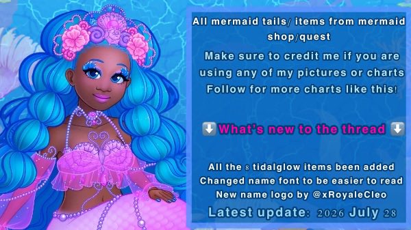 callmehsara_'s tweet photo. Luna lagoon returns tomorrow!

So here’s a thread of all the mermaid tails/items charts! 🧜‍♀️

Added all the new 8 tidalglow items 

Credit to @xRoyaleCleo for the new logo name 🫶🏽

TikTok link to share: https://t.co/QHtarEzESL https://t.co/Dw4NX7wjtf