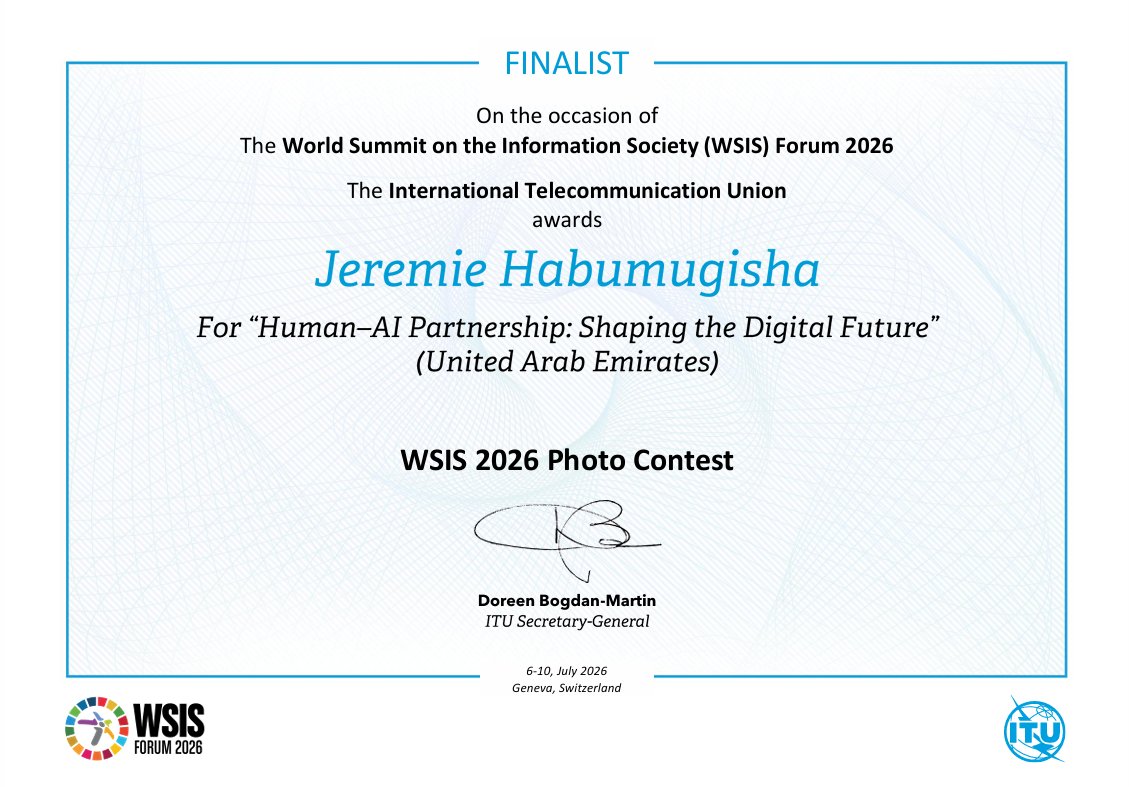RealHabumugisha's tweet photo. Honored to be recognized as a Finalist in the @WSISprocess  2026 Photo Contest by the International Telecommunication Union (ITU). Grateful for this global recognition and inspired to keep making an impact through education and technology @ITU @ITUSecGen @ITU @REBRwanda https://t.co/DXJqG5FPUz