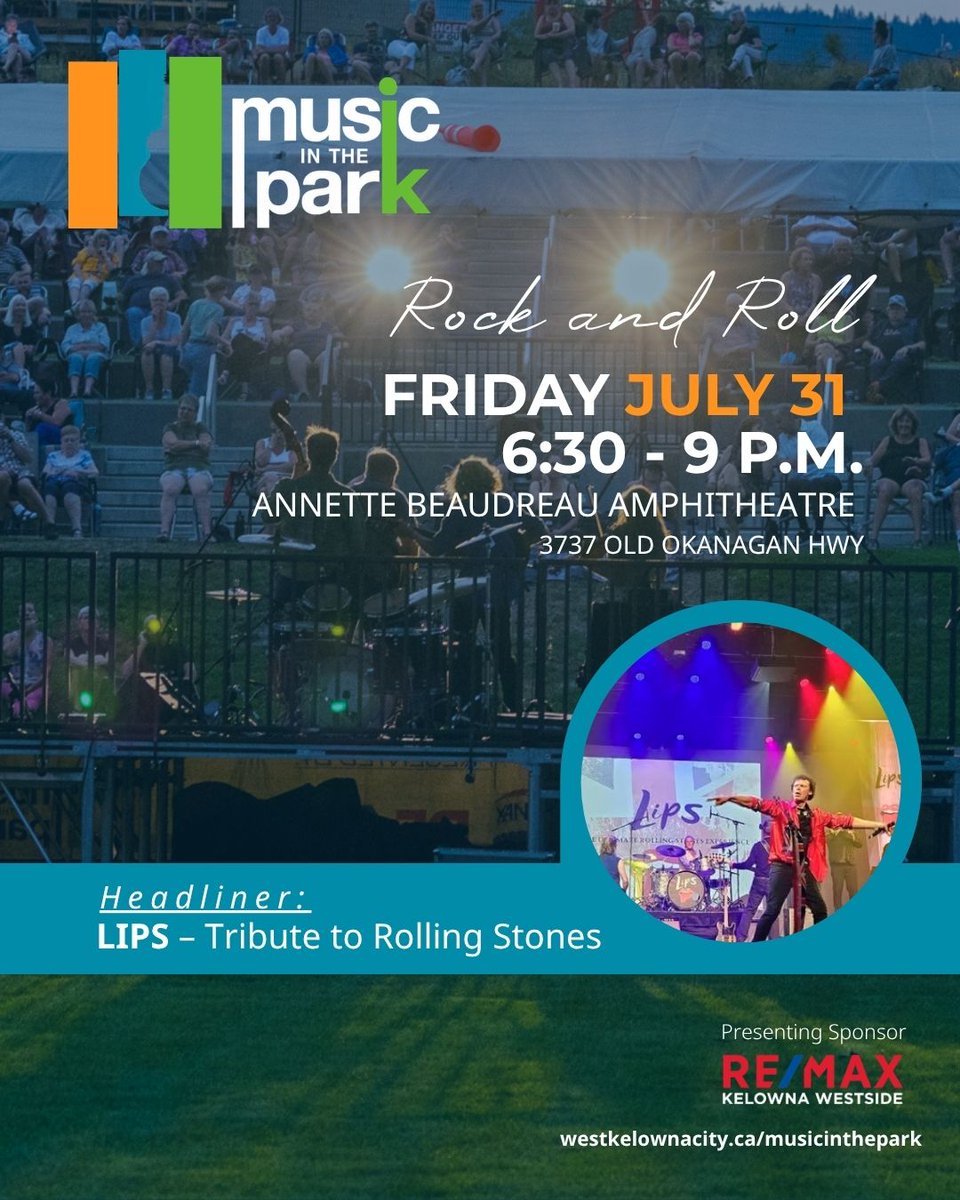 WestKelownaCity's tweet photo. Join us on this Friday for an evening of classic rock with LIPS – Tribute to The Rolling Stones! 

📍 3737 Old Okanagan Highway
🕡 Friday, July 31 | 6:30 - 9 p.m.
🎟️ Free admission

View the full summer lineup at https://t.co/dqD0Qy1arh https://t.co/tz0XOolJ9f