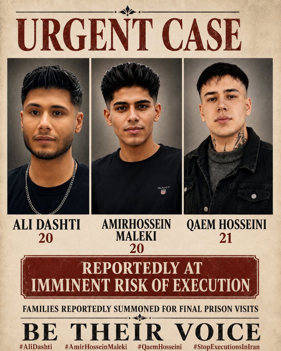 AminMempo's tweet photo. 🚨 THREE FINAL VISITS MUST NOT BECOME THREE FINAL GOODBYES.

Qaem Hosseini, 21, Amirhossein Maleki, 20, and Ali Dashti, 20, reportedly face imminent execution after their families were summoned to prison for what they fear may be their final visits.

They could be executed at any moment.

The warning signs could not be clearer. Other young defendants connected to the same Isfahan case have already been executed. The danger facing Qaem, Amirhossein and Ali is therefore not theoretical, distant or exaggerated.

Three young men are alive tonight.

Three families are waiting in terror tonight.

Three irreversible executions may be only hours away.

@nypost @NoaMagid @marklevinshow @LauraLoomer @FoxNews @NEWSMAX @MariaBartiromo @TheStoryFNC @seanhannity — please report their names immediately. Do not wait until their photographs appear beside announcements of their executions.

@AmnestyIran @amnesty @hrw @UNWatch @drmaisato — demand immediate proof of life, unrestricted access to their families and lawyers, and the suspension of every execution preparation.

@SecRubio @WhiteHouse @DarlineGrahamSC @NUFDIran @CENTCOM — please use every available political and diplomatic channel while these three young men are still alive.

The Islamic Republic depends on secrecy and speed. It executes prisoners before the world can react, then waits for outrage to fade.

We must break that pattern now.

Say their names before it is too late:

QAEM HOSSEINI  
AMIRHOSSEIN MALEKI  
ALI DASHTI

Do not issue condolences tomorrow for lives that could be defended tonight.

Do not let three final prison visits become three final goodbyes.

Do not let three families receive three bodies.

Public pressure can still matter, but only while they are alive.

ACT NOW.

#QaemHosseini
#AmirHosseinMaleki
#AliDashti
#StopExecutionsInIran
#NoToExecution
