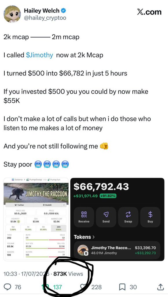 hailey_crypt001's tweet photo. 873 THOUSAND CRYPTO DEGENS CONFIRMED I CALLED $JIMOTHY AT 2K MCAP 

NEARLY A MILLION DEGENS 

AND YOU WANNA FADE ME TOMORROW??? 🫵🫵

Pray against it 🤯🤯 https://t.co/oPu27UuAeP