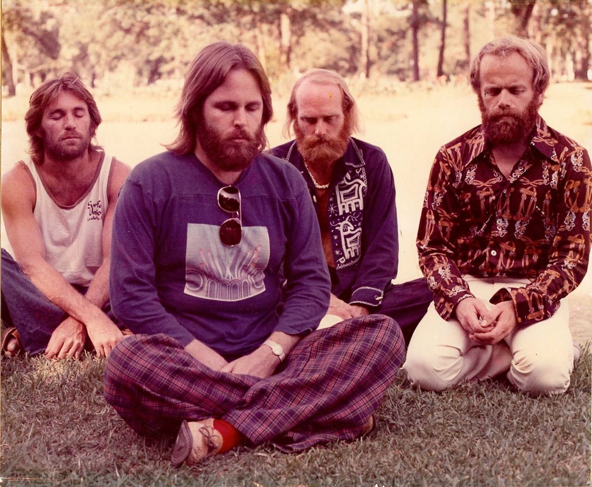 beachboyslegacy's tweet photo. Today in 1974, The Beach Boys played at the Jeppesen Stadium in Houston, TX. Here they are meditating before the show started https://t.co/FLqWGIIGv9