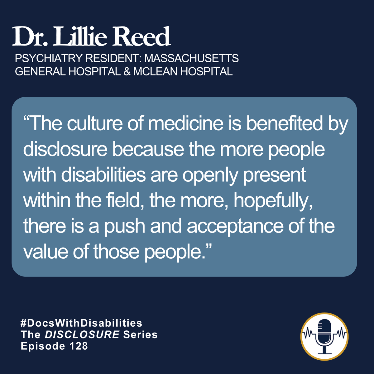 DocsWith's tweet photo. Visibility changes culture.
In Part 2 of the @DocsWith Disclosure Series, Dr. Lillie Reed shares why disability disclosure matters—not just for individuals, but for the future of medicine.
🎧 or 📕https://t.co/8me3BsHAyL
#Disclosure #DisabilityVisibility #MedEd https://t.co/nrb1BJ2NUE