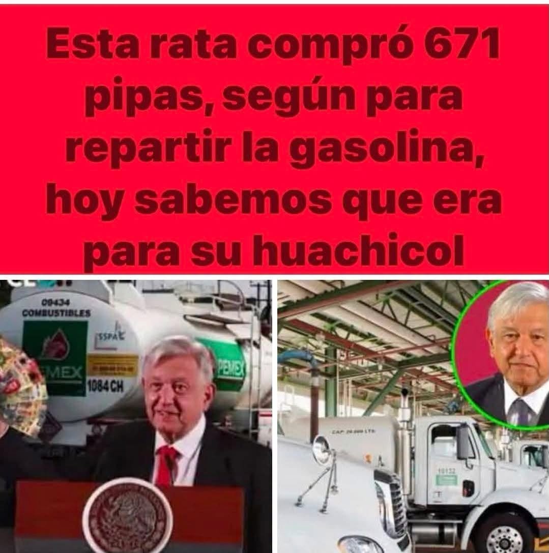 JACrespo1's tweet photo. Qué  hipocresía.
Cuando al inicio de su gobierno hubo desabasto de gasolina, dijo que era por el huachicol y manadó comprar pipas para evitar la sustracción ilegal de gasolina. 
Y en cambio sirvieron para incrementar el huachicoleo como nunca (quizá las pipas las aportó Ruffo). https://t.co/CQre6yHjKp