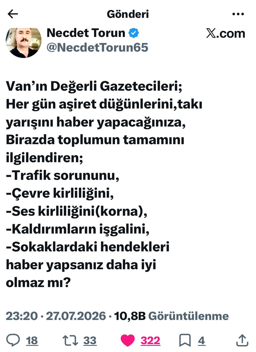 NecdetTorun65's tweet photo. -Yaptığım paylaşıma 
duyarsız kalmayıp kendi sayfasında paylaşım yapan. 
Sayın Ayhan Yazlık (@ayhanyazlik65) ve 
@vanhavadiscom ailesine duyarlılıkları için teşekkür ederim.
-Sadece magazinel konuların veya gösterişin değil; halkın her gün birebir yaşadığı trafik, altyapı, çevre ve gürültü kirliliği gibi kronik sorunların sesine kulak vermeniz ve eleştiriye 
açık olmanız  son derece kıymetli. 
-Bir kentin gelişimi, ancak basının toplumun gerçek sorunlarına ayna tutması ve yerel yönetimleri çözüme teşvik etmesiyle mümkündür.
-Gösterdiğiniz bu ilkeli ve duyarlı gazetecilik anlayışının tüm Van basınına örnek olmasını temenni ediyor, şehrimizin ortak yaşam kalitesini artıracak haberlerinizin devamını diliyorum.