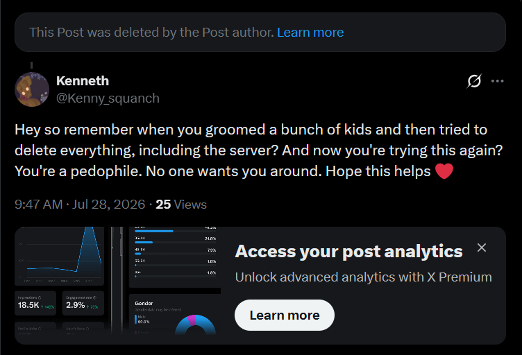 Kenny_squanch's tweet photo. bawk bawk bawk, it hasnt even been two hours pusspuss. you dont want anyone to know you're a pedophile? @SunlightFisher https://t.co/Y5V5uFh2lL