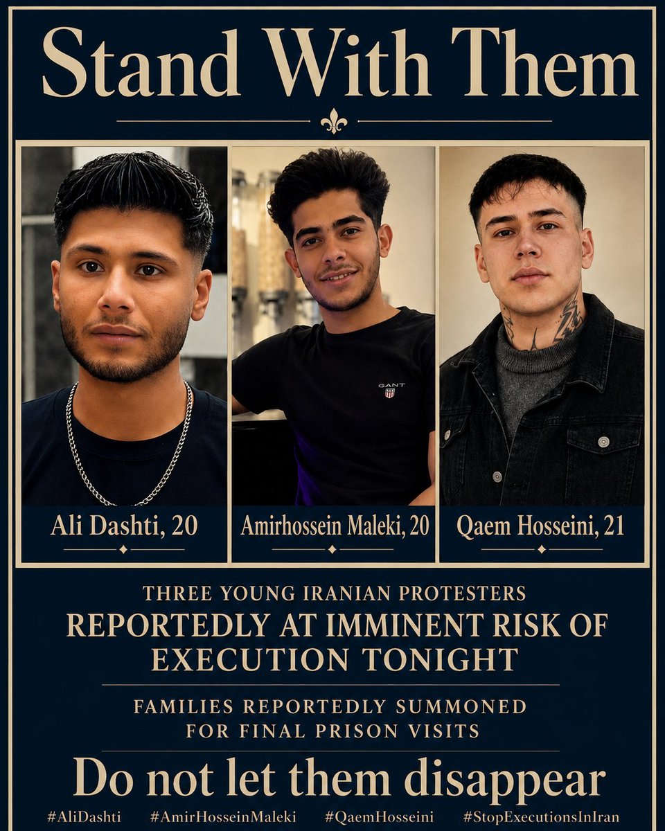AminMempo's tweet photo. 🚨 URGENT: THREE MORE YOUNG IRANIANS MAY BE EXECUTED AT ANY MOMENT.

The families of Qaem Hosseini, 21, Amirhossein Maleki, 20, and Ali Dashti, 20, have reportedly been summoned to prison for what they fear will be final visits before execution.

This is one of the clearest and most terrifying warnings that their cases may have entered the final stage.

These are not anonymous prisoners or numbers in a court file. They are three young men with families who may now be preparing to see them alive for the last time.

Qaem Hosseini is only 21.

Amirhossein Maleki is only 20.

Ali Dashti is only 20.

Other defendants connected to the same Isfahan case have already been executed. The danger facing Qaem, Amirhossein and Ali must therefore be treated as immediate, credible and potentially only hours away.

The international community must not wait until their executions are announced.

@nypost @NoaMagid @marklevinshow @LauraLoomer @FoxNews @NEWSMAX @MariaBartiromo @TheStoryFNC @seanhannity — please report their names now, while public attention may still help save their lives.

@AmnestyIran @amnesty @hrw @UNWatch @drmaisato — please demand immediate proof of life, unrestricted access to their families and lawyers, and an urgent suspension of all execution preparations.

@SecRubio @WhiteHouse @DarlineGrahamSC @NUFDIran @CENTCOM — please use every available diplomatic and political channel before three more families receive irreversible news.

The Islamic Republic relies on secrecy, speed and international silence. We must deny it all three.

A statement issued after their deaths will not return them to their families.

A report published tomorrow will not save them tonight.

A condemnation after the executions will be too late.

Please say their names:

QAEM HOSSEINI  
AMIRHOSSEIN MALEKI  
ALI DASHTI

Demand proof that they are alive.

Demand immediate family and lawyer access.

Demand that every execution preparation be stopped.

Demand that these three young men be returned safely to their families.

They may not see tomorrow.

The time to act is now.

#QaemHosseini
#AmirHosseinMaleki
#AliDashti
#StopExecutionsInIran
#NoToExecution