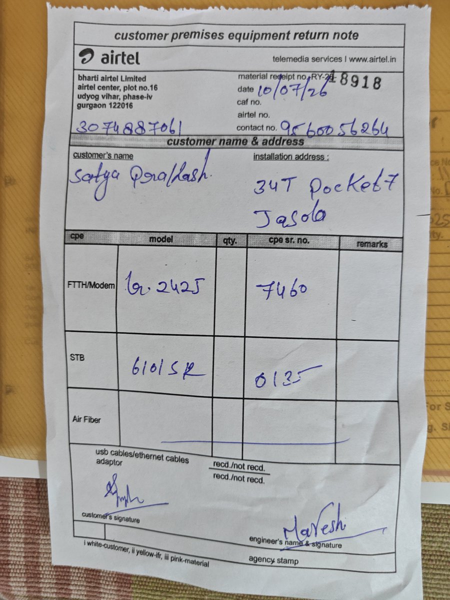 SatyaGupta_In's tweet photo. @airtelindia @airtelindia @Airtel_Presence Router &amp; Set-top box was picked on 10th July 2026 still refund of ₹57.32 is not made. The photo of the receipt note is attached. https://t.co/kdlf0AKn04