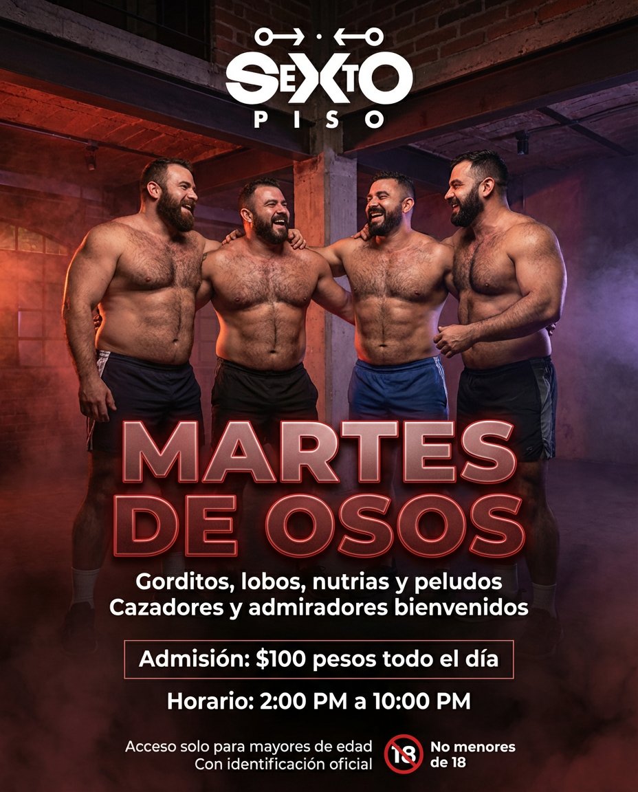 Sextopiso_mx's tweet photo. 🐻 ¡HOY Gran Martes de Osos en Sexto Piso!
⏰ Horario: 2pm - 10pm.
🎟️ Admisión: $100 pesos.
🔐 Lockers y guardarropa disponibles.
🔞 Solo hombres mayores de edad con identificación oficial.
📍 Eje Central 123 (sexto piso), Centro, CDMX. https://t.co/b5DQN4uy6Q