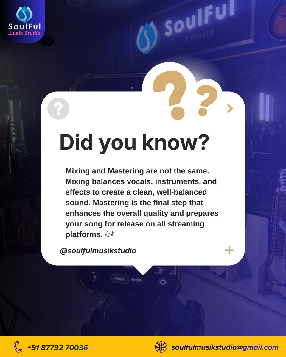 studio_soulful's tweet photo. 🎧 Did You Know?

A great song isn't finished after recording. Mixing gives every instrument and vocal its perfect place, while Mastering adds the final polish and prepares the track for release across all streaming platforms.

✨ Great music deserves both.

#DidYouKnow https://t.co/LUyQVCAxyx