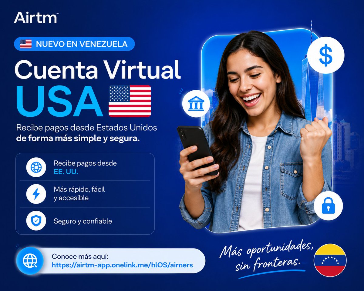 Kenshin5220's tweet photo. La llegada de la Cuenta Virtual USA de @airtminc a Venezuela abre nuevas oportunidades para freelancers, trabajadores remotos y emprendedores. Recibir pagos desde EE. UU. ahora puede ser más sencillo, rápido y accesible. Descúbrela aquí: https://t.co/bBHgCGaXXd https://t.co/79Zxdg5JHd