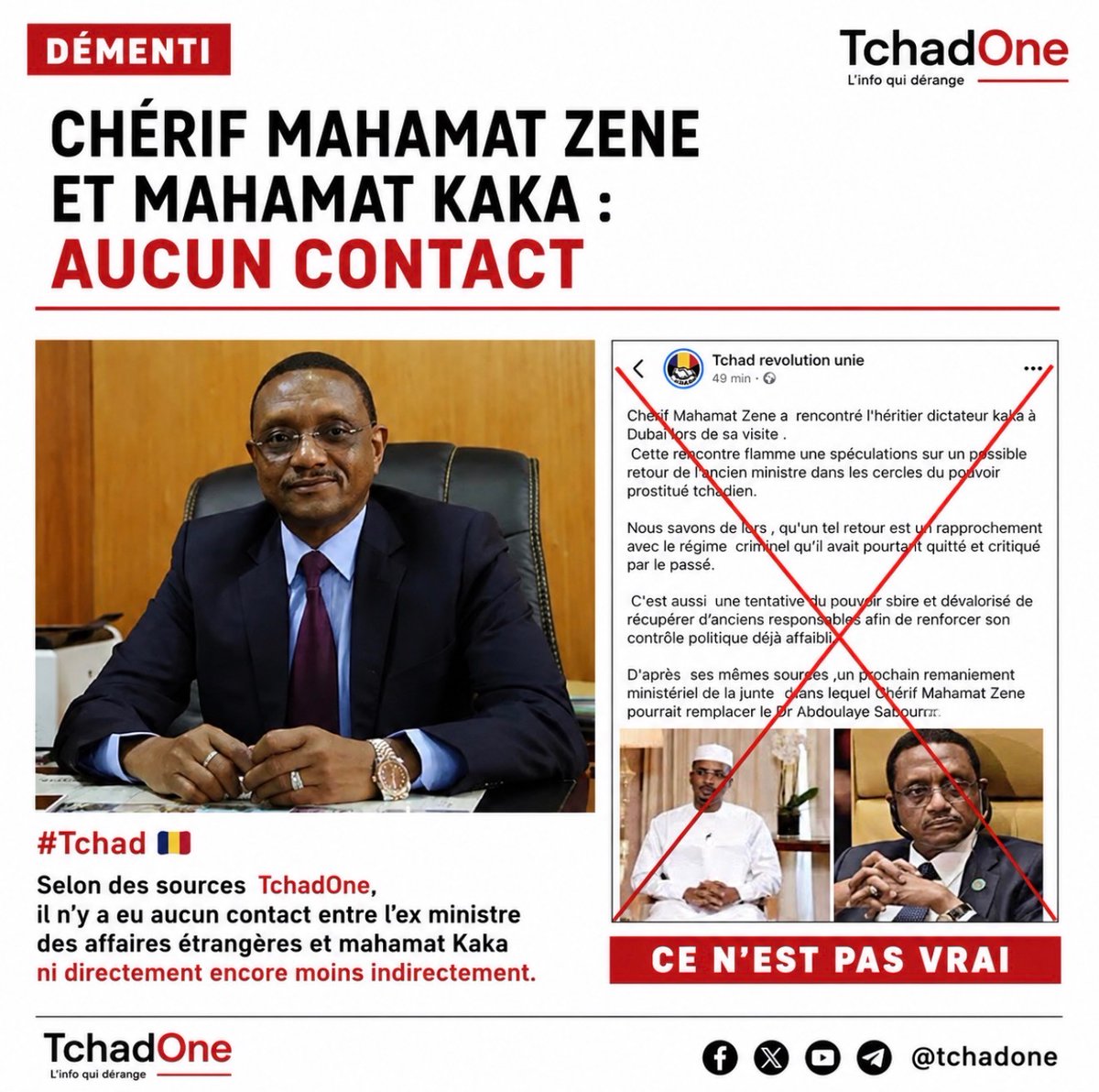 TchadOne's tweet photo. #Tchad 🇹🇩 | Démenti : aucune rencontre entre Chérif Mahamat Zène et Mahamat Kaka, selon des sources TchadOne

Selon des sources de TchadOne, les informations affirmant que l’ancien ministre des Affaires étrangères Chérif Mahamat Zène aurait rencontré Mahamat Kaka à Dubaï sont fausses. Il n’y a eu aucun contact entre les deux hommes, ni directement, ni indirectement. Les allégations évoquant un rapprochement ou un retour au sein du pouvoir ne reposent sur aucun élément établi.