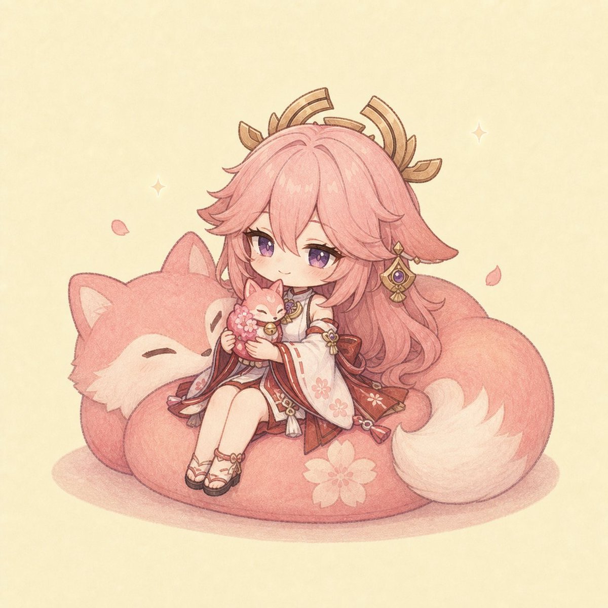 pochime_'s tweet photo. 桜きつねクッションに包まれて、のんびりごきげん。八重神子のふわふわ時間🦊🌸
#原神 #八重神子 https://t.co/chUvJFY3Xh