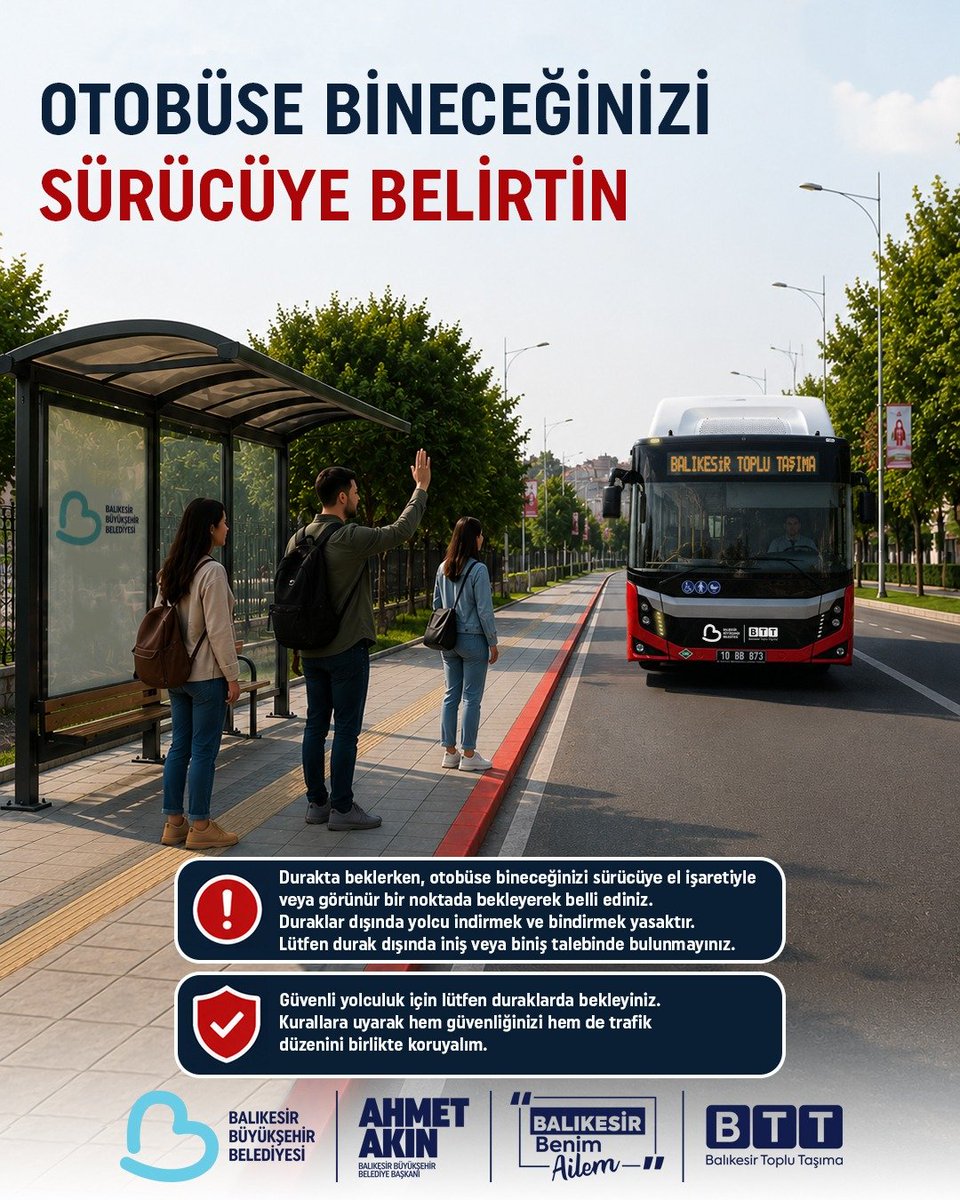 _BTT_AS's tweet photo. 📌Toplu taşımada güvenli ve düzenli yolculuk için kurallara birlikte uyalım.
Otobüse bineceğinizi durakta sürücümüze el işaretiyle belirtiniz. Araçlara yalnızca durak noktalarından binip ininiz.
Kurallara uyarak hem kendi güvenliğimizi hem de trafik düzenini birlikte koruyalım. https://t.co/GGpcfyF1Ti