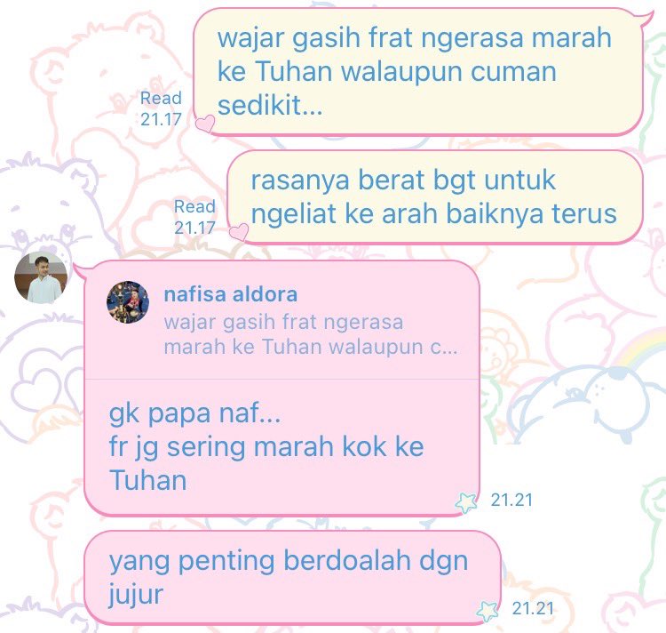 stardustcastle's tweet photo. i’m just gonna leave this here as someone who had questioned her faith multiple times. a conversation i had a year ago with my favourite frater (now romo) ever https://t.co/vbbDOb6XWZ
