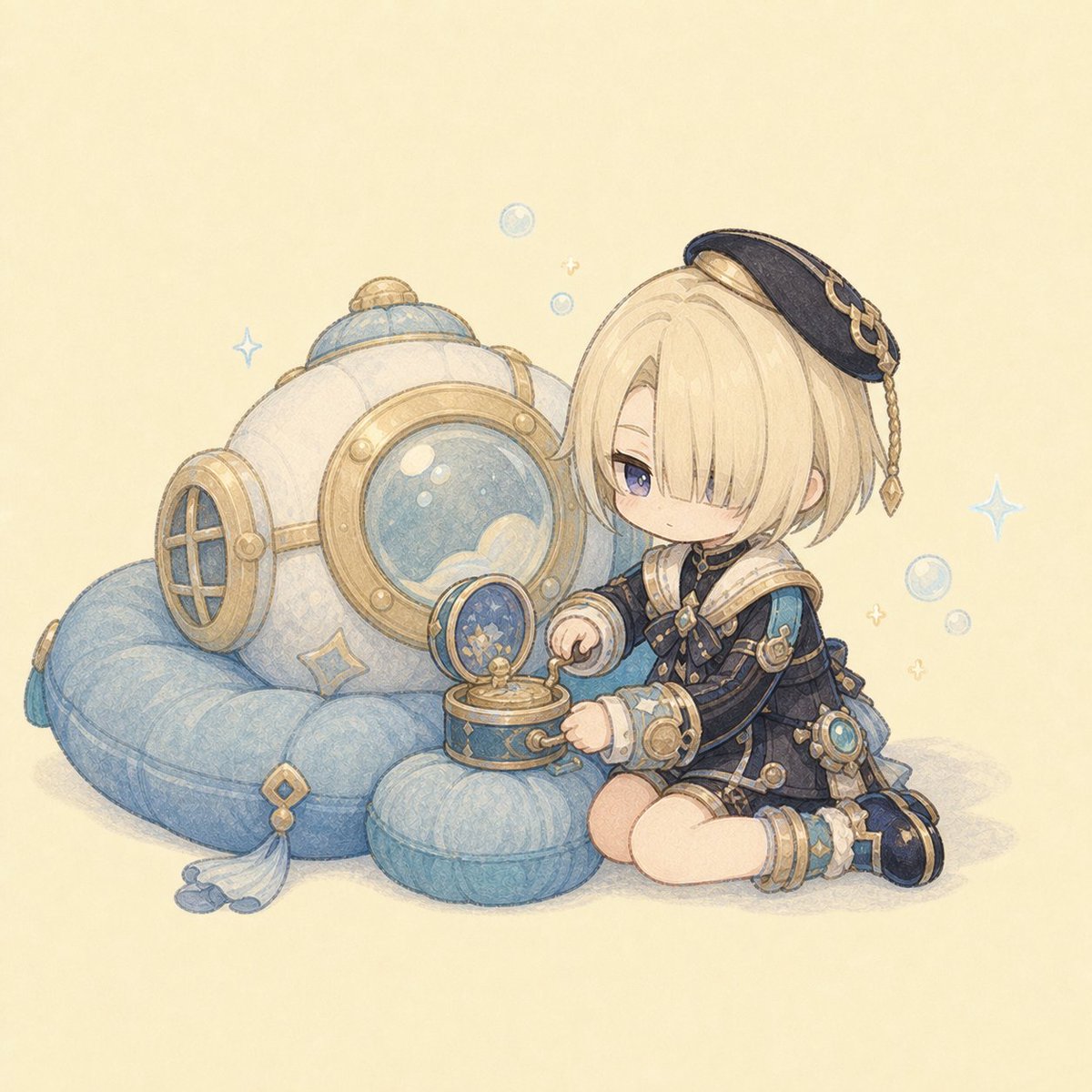 pochime_'s tweet photo. 小さなオルゴール巻きに夢中なフレミネ。小さなきらめきが、そっと寄り添います🐧🫧
#原神 #フレミネ https://t.co/fdcObOH2I3