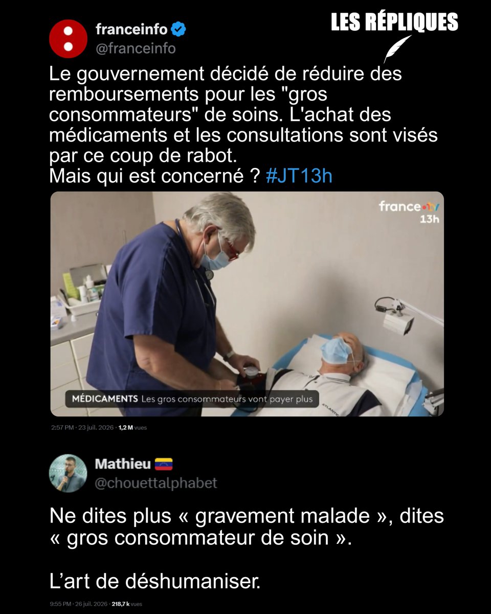 Les_Repliques's tweet photo. Santé : pour faire des économies, le gouvernement cible les "gros consommateurs" de médicaments 

@chouettalphabet https://t.co/nF4S5gLxYL