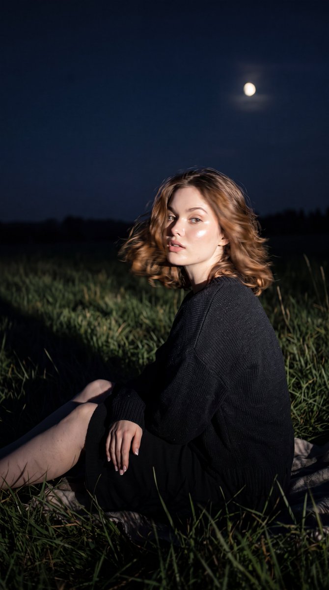 Cinematic Night Meadow Flash Portrait