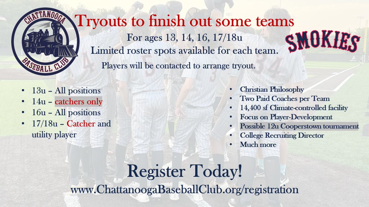 CBCSmokies's tweet photo. Looking to strengthen your game, faith, and community? We are now offering private tryouts for 13u, 14u, 16u, and 18u. Details here: https://t.co/GBZFSdashQ